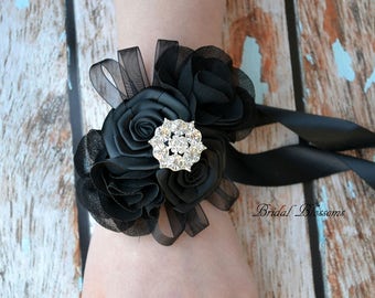 Black Chiffon Satin Flower Wrist Corsage & Boutonniere Set | Vintage Inspired Wedding | Mother of the Bride Rhinestone Rose Prom Homecoming