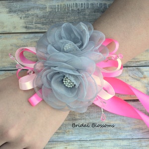 Gray Hot Pink Flower Wrist Corsage & Boutonniere | Wedding Satin Singed Roses Mother of Bride Baby Shower Prom Formal Dance Ball Organza