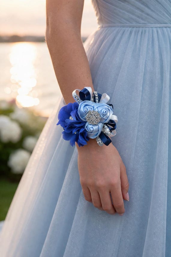 Dusty & Royal Blue Flower Wrist Corsage Boutonniere Set | Wedding  Rhinestone Satin Rolled Roses | Bridal Baby Shower Prom Navy White - Etsy