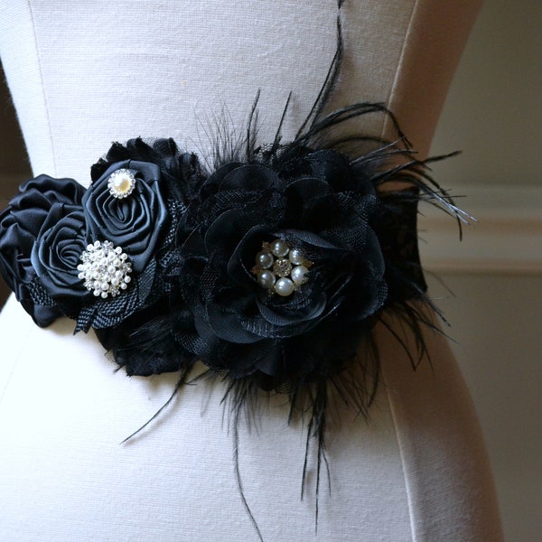 CAROLINE Solid Black Satin Burlap Fabric Flower Maternity OR Bridal Sash | Newborn Photo Prop Baby Shower Belly Band Belt