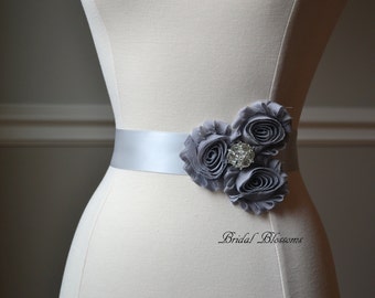 LORYN Gray Vintage Inspired Bridal Sash | Shabby Chiffon Flower Wedding Dress Sash | Belt Ribbon | Bridesmaids Rhinestone Silver | Child