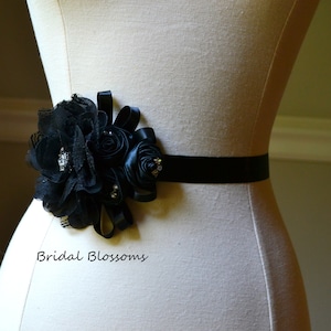 Black Flower Ribbon Sash | Vintage Inspired Wedding | Chiffon Satin Rolled Roses | Bridal Prom Homecoming Jewels Pearls Belt