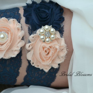 BEST SELLER Blush Navy Pearl Bridal Garter Set | Chiffon Fabric Flower Lace Garter | Pearl Rhinestone Wedding Lace Garter | Plus Size