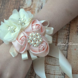 Blush Ivory Flower Wrist Corsage | Vintage Inspired Wedding | Chiffon & Satin Rolled Roses | Mother of Bride Bridal Baby Shower Prom Pink