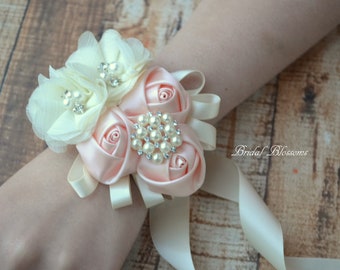 Blush Ivory Flower Wrist Corsage | Vintage Inspired Wedding | Chiffon & Satin Rolled Roses | Mother of Bride Bridal Baby Shower Prom Pink