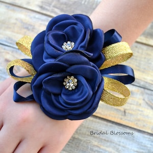 Navy Blue Gold Flower Wrist Corsage Cuff Bracelet & Boutonniere Vintage Inspired Wedding | Satin Roses | Mother of Bride Bridal Shower Prom