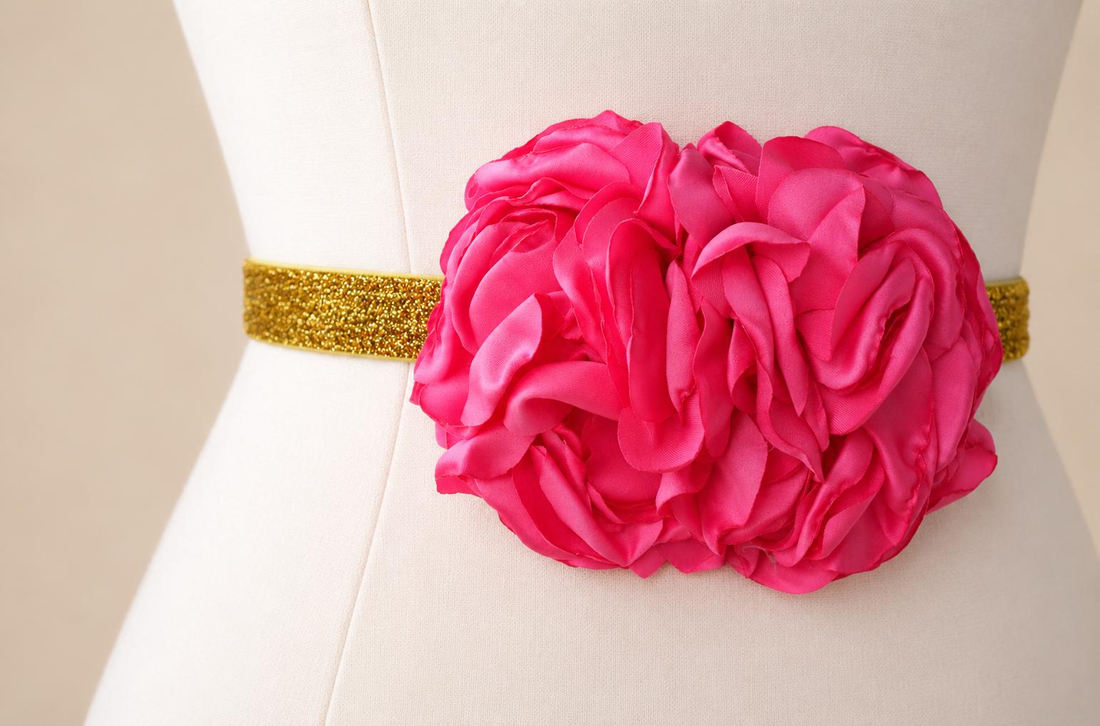 hot pink belt for dress Hot Pink Flower Gold Shimmer Skinny Elastic Belt | Bridal Bridesmaid | Glitter Sash | Thin Dress Belt | Wedding Prom Belts