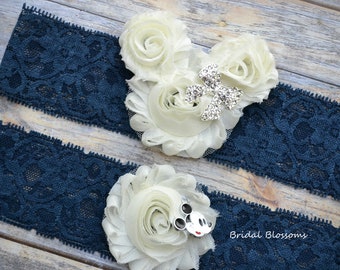 Ivory Navy Blue Minnie Mickey Mouse Bridal Garter Set | Chiffon Fabric Flower Lace Garter | Rhinestone Wedding Stretch Lace Plus Size