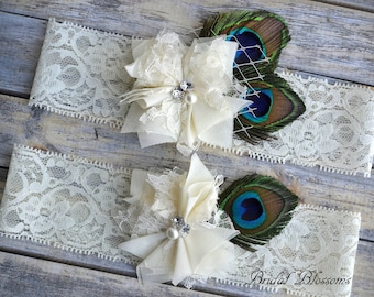Ivory Peacock Bridal Garter Set | Chiffon Fabric Flower Garters | Wedding Stretch Lace Keepsake & Toss Plus Size | Feather Cream Feathers