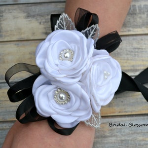 White Black Silver Flower Wrist Corsage | Vintage Inspired Wedding | Satin Singed Roses | Mother of Bride | Bridal Baby Shower Prom