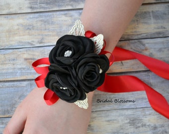 Black Red Flower Wrist Corsage & Boutonniere | Vintage Inspired Wedding | Satin Singed Roses Gold Leaf Mother of Bride Baby Shower Prom