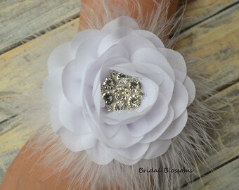 White Chiffon Flower Brooch or Wrist Corsage | Vintage Inspired Bridal Corsages | Pin On Rose Mother Grandmother Wedding Feather Corsage