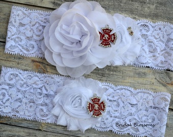 Fire Fighter White Bridal Garter Set | Wedding Garters | Flower Lace Garter  | Keepsake Toss Superhero - Law Enforcement Fire Department