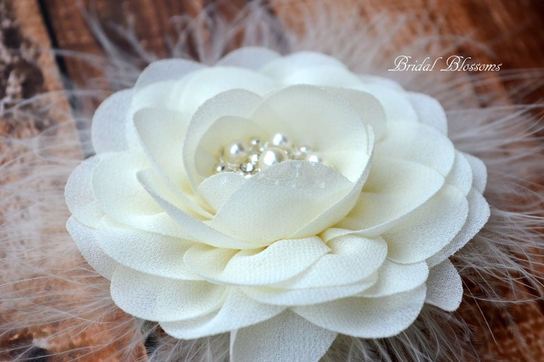 BEST SELLER Ivory Chiffon Flower Hair Clip Vintage Inspired Bridal Hair Piece Fascinator Flower Girl Feathers Pearl Rhinestone image 4