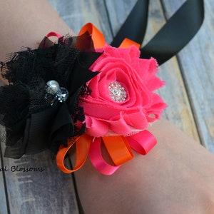 Beautiful Soft Black & Hot Pink Chiffon Flower Wrist Corsage Boutonniere Set | Wedding Mother of the Bride | Rhinestone Prom Bright Orange