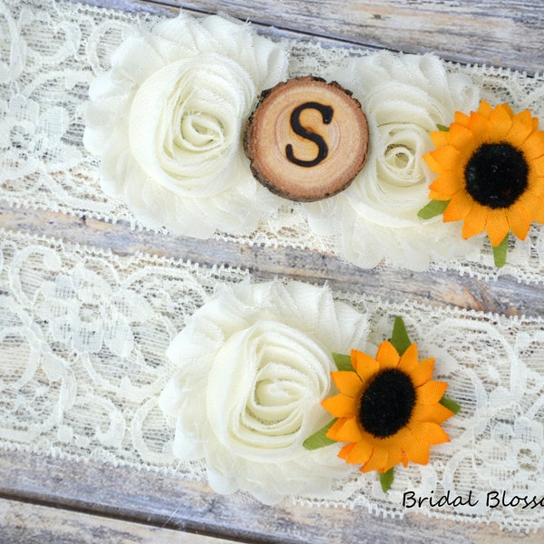 Ivory Sunflower Bridal Garter Set With Initial | Chiffon Flower Garters | Wood Rustic Country Wedding | Stretch Lace | Plus Size Cream White