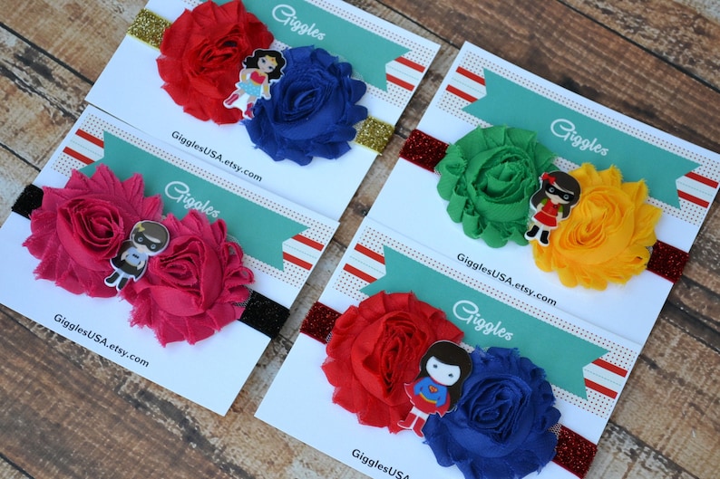 Newborn Flower Elastic Headband Set of 4 Superhero Baby Headbands Chiffon Flowers Photo Prop Batman Robin Wonder Woman Supergirl