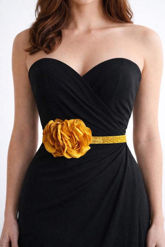 Gold Flower Shimmer Skinny Elastic Belt | Bridal Bridesmaid | Glitter Sash | Thin Dress Belt | Wedding Prom Belts Stretchy | Yellow Mustard