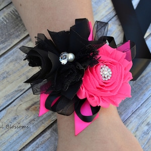 Beautiful Soft Black & Hot Pink Chiffon Flower Wrist Corsage Boutonniere Set | Wedding Mother of the Bride | Rhinestone Prom Bright Pink