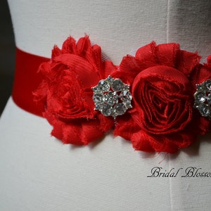 ISLA Red Vintage Inspired Bridal Sash Shabby Chiffon Flower Wedding ...