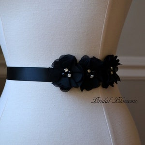 DOROTHY Black Vintage Inspired Bridal Sash | Chiffon Flower Wedding Dress Sash | Bridal Belt | Ribbon | Bridesmaids | Child Girl Sashes