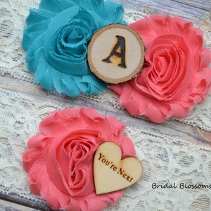 NO-SLIP Turquoise Coral Ivory Bridal Garter Set With Initial | Flower Garters | Wood Rustic Country Wedding | Lace | Plus Size Orange Blue