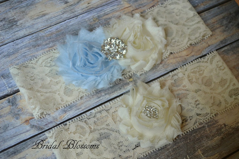Something Blue Ivory Bridal Garter Set Rhinestone Wedding Garter Chiffon Fabric Flower Lace Garter Stretch Lace Garter Plus Size
