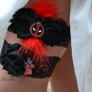 Deadpool Bridal Garter Set | Super Hero Wedding Garters | Flower Stretch Lace Garter | Keepsake Toss Superhero Black Red Feathers