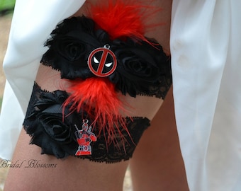 Deadpool Bridal Garter Set | Super Hero Wedding Garters | Flower Stretch Lace Garter | Keepsake Toss Superhero Black Red Feathers