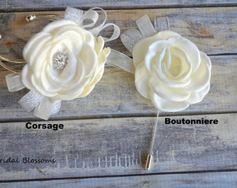 Ivory Silver Flower Wrist Corsage Cuff Bracelet