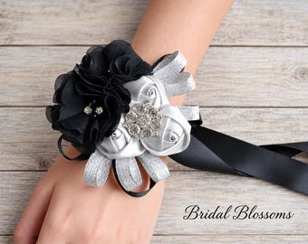Silver Black Floral Wrist Corsage & Boutonniere Set | Satin Chiffon Flowers | Prom Wedding Homecoming | Rhinestone Keepsake
