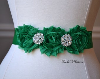 ISLA Emerald Green vintage Inspiré Ceinture nuptiale | Ceinture de robe de mariée en mousseline de soie minable | Ceinture nuptiale | Ruban | Demoiselles d’honneur | Strass