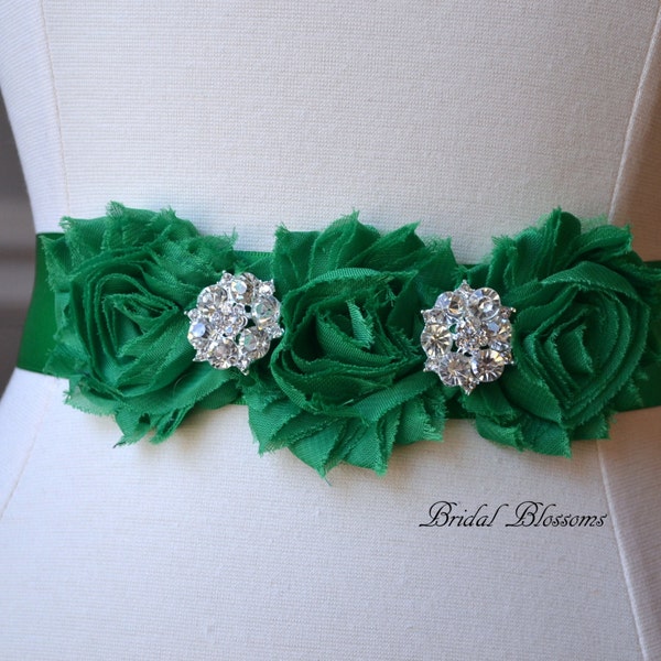 ISLA Emerald Green Vintage Inspired Bridal Sash | Shabby Chiffon Flower Wedding Dress Sash | Bridal Belt | Ribbon | Bridesmaids | Rhinestone