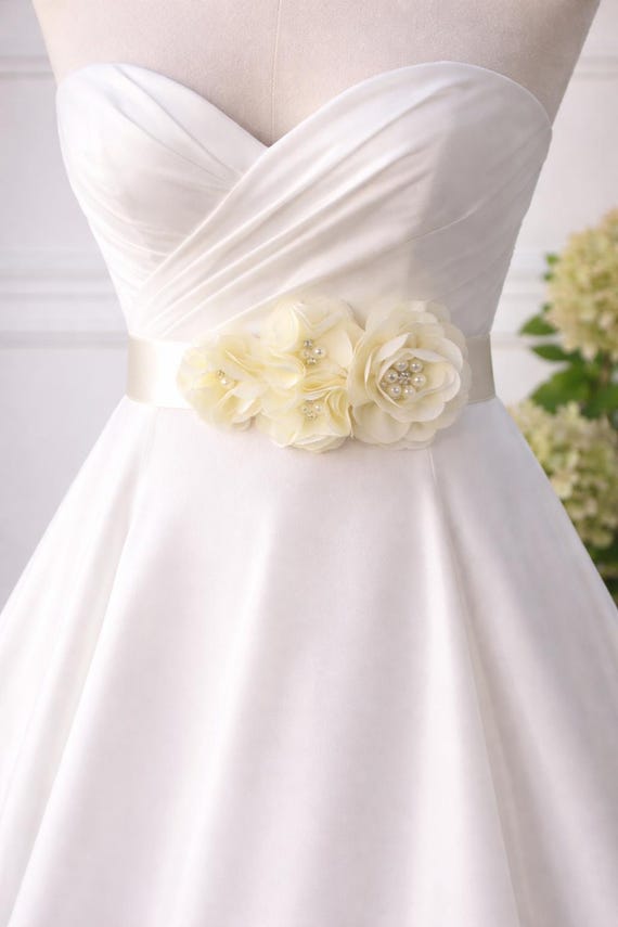 JULIA Ivory Bridal Sash - Chiffon Flower Sash with Pearls & Rhinestones | Wedding Dress Belt | Bridesmaid Sash | Plus Size Bridal Accessory