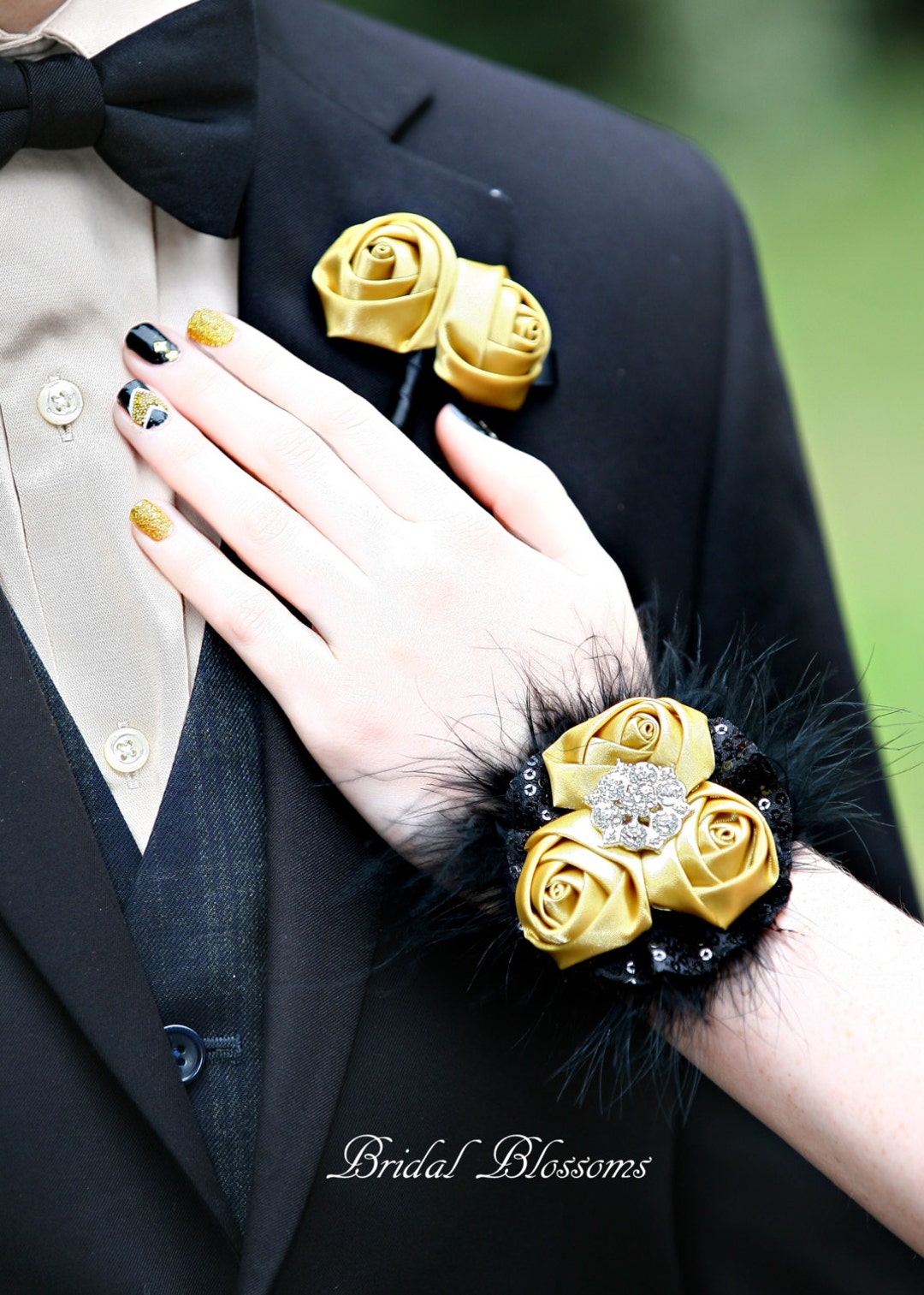 BEST SELLER Gold Black Satin Flower Wrist Corsage
