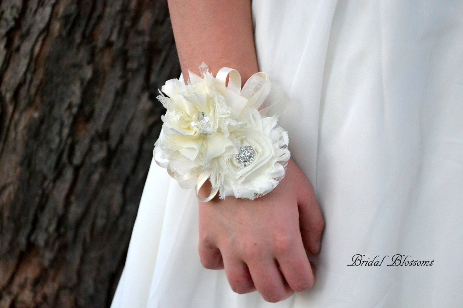 Beautiful Soft Ivory & Scarlett Red Chiffon Flower Wrist