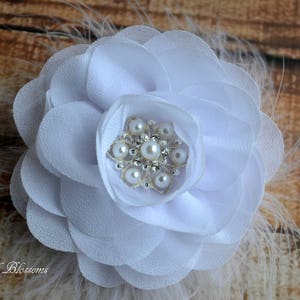 Light Pink Chiffon Flower Hair Clip Vintage Inspired Bridal Hair Piece Wedding Fascinator Flower Girl Feathers Pearl Rhinestone White image 7