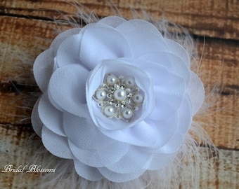 White Chiffon Flower Hair Clip | Vintage Inspired Bridal Hair Piece | Wedding Fascinator | Flower Girl Feathers Pearl Rhinestone
