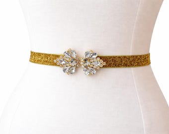 Gold Shimmer Skinny Elastic Belt With Rhinestone Buckle  display picture 3
