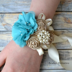 Turquoise Tan Flower Wrist Corsage Boutonniere | Vintage Inspired Wedding Satin Roses Mother of Bride Bridal Baby Shower Prom Champagne