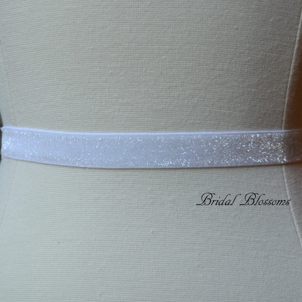 ABIGAIL White Shimmer Skinny Elastic Belt | Bridal Bridesmaid | Glitter Sash | Thin Dress Belt Wedding Bridal Accessories Prom Belts