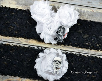 Conjunto de liga nupcial de Mickey Mouse Star Wars / Liga de encaje de gasa con flores / Liga de encaje elástico con diamantes de imitación para boda de talla grande Darth Vader