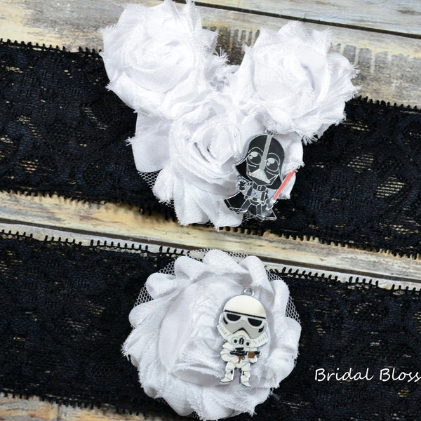 Mickey Mouse Star Wars Bridal Garter Set | Chiffon Flower Lace Garter | Rhinestone Wedding Stretch Lace Garter Plus Size Darth Vader