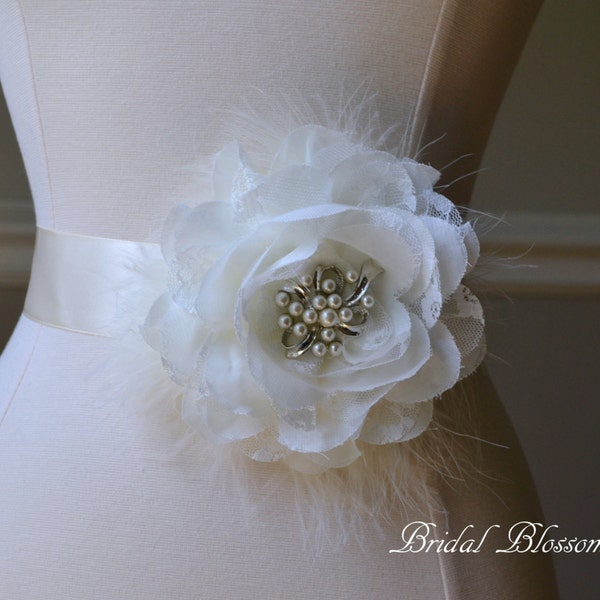 TERESA Ivory Vintage Inspired Bridal Sash | Chiffon Lace Flower Brooch Wedding Dress Sash | Bridal Belt | Feather | Bridesmaids Cream Belt