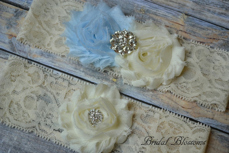 Something Blue Ivory Bridal Garter Set Rhinestone Wedding Garter Chiffon Fabric Flower Lace Garter Stretch Lace Garter Plus Size