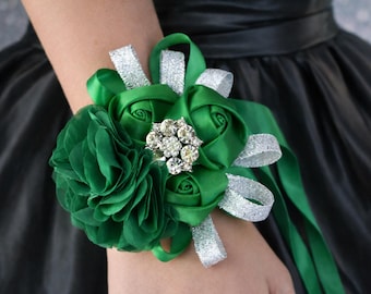 Emerald Green Silver Floral Wrist Corsage & Matching Boutonniere | Satin  Chiffon Flowers Pearl Rhinestone | Prom Wedding Homecoming - Etsy
