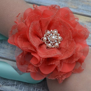 Coral Aqua Chiffon Lace Flower Wrist Corsage | Vintage Inspired Wedding Corsage | Beach Wedding | Mother of the Bride | Flower Girl | Prom