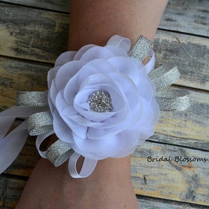White Silver Chiffon Flower Wrist Corsage | Vintage Inspired Wedding Corsage | Elegant Wedding | Mother of the Bride | Flower Girl | Prom