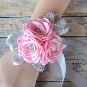 Pink Silver Gray Flower Wrist Corsage & Boutonniere | Wedding Satin Roses Leaf | Homecoming Bridal Party Baby Shower Prom Flowers