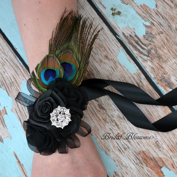 Peacock Feather Black Chiffon Satin Flower Wrist Corsage & Boutonniere Set | Vintage Inspired Wedding | Rhinestone Rose Prom Homecoming